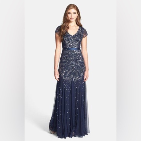 ADRIANNA PAPELL Gown Maxi Dress Sequin Midnight Blue Embellished Cap Sleeve $229 - Picture 3 of 11